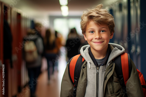 Generative ai collage photo of learner kid with school supply standing in long corridor