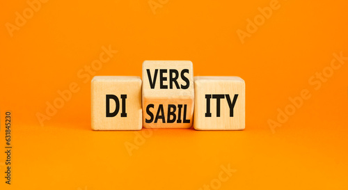 DEI Diversity or disability symbol. Concept words Diversity disability on wooden block. Beautiful orange table orange background. Business diversity disability concept.
