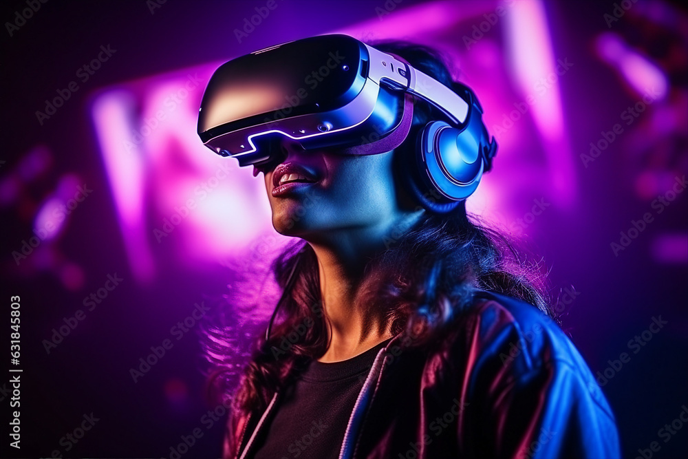Generative ai collage photo of young professional cyber gamer using vr box gadget Generative ai collage photo of young professional cyber gamer using vr box gadget