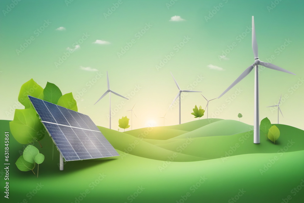 Obraz premium Eine Collage von erneuerbaren Energien besonders Sonne und Wind in den Farben grün und gelb.