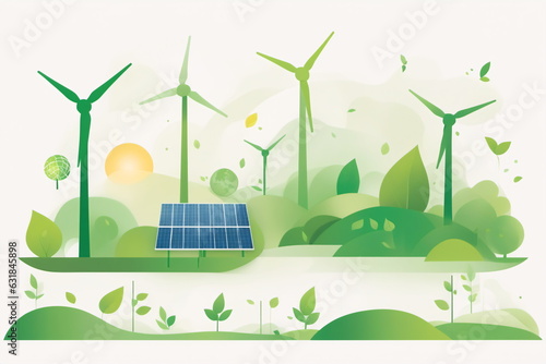 Eine Collage von erneuerbaren Energien besonders Sonne und Wind in den Farben grün und gelb.