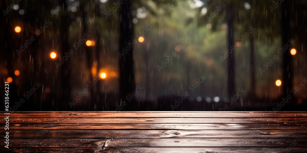 Wooden empty wet table after rain in front of a blurred autumn park background. Wooden empty wet table after rain in front of a blurred autumn park background.