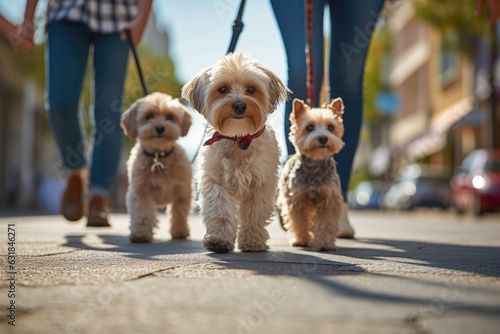 dogs walking with unrecognizable owner in city street crosswalk, AI Generated