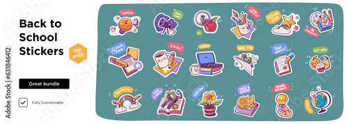 Back to school collection of badges for students with school supplies. Vector illustration