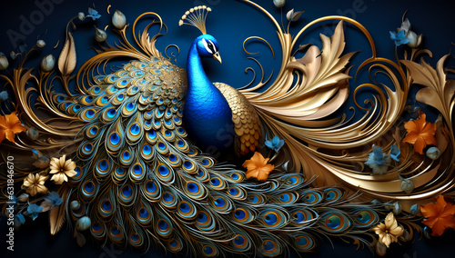 Illustration of peacock sitting on the branch , flowers