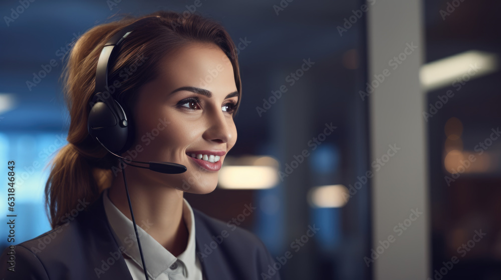 A Caucasian female call center agent with a headset works on the support hotline. Created with Generative AI technology. A Caucasian female call center agent with a headset works on the support hotline. Created with Generative AI technology.