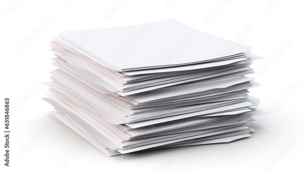 Stack of papers isolated on white background. Created with Generative AI technology. Stack of papers isolated on white background. Created with Generative AI technology.