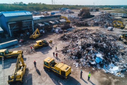 aerial view reveals the plastic recycling plant in action, with workers and trucks handling city plastic waste.