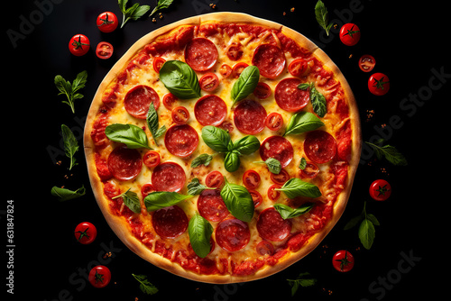 Tasty pepperoni pizza and cooking ingredients tomatoes basil on black background. Top view