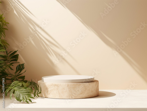 product display natural podium pedestal beige color background cream podium natural stone white and leaf background with texture modern, simple, minimal