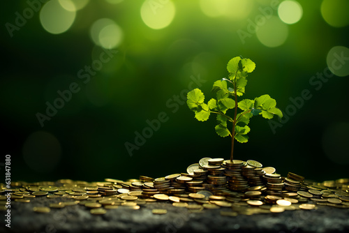 The saplings that grow on the pile of coins include the white light flooding the trees, business ideas, saving money, and economic growth.