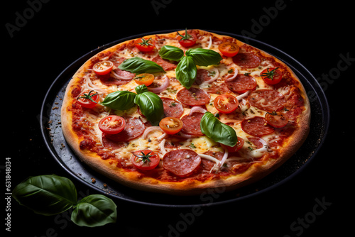 Tasty pepperoni pizza and cooking ingredients tomatoes basil on black background. Top view