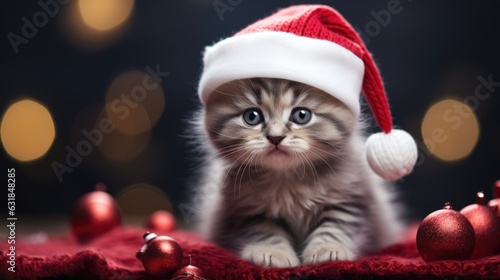 Little cute kitten in red santa hat and christmas background