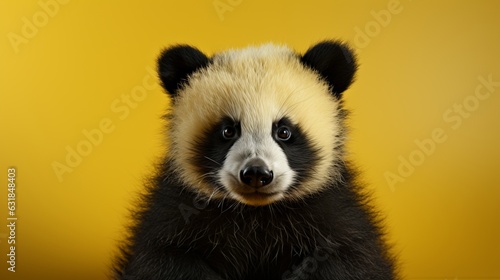 Panda close-up. bamboo bear, Animal looking at the camera, yellow background, space for text, banner for advertising. photo