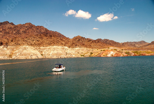 Water ski boat on a lake with a low water line at Lake Mead Nevada in August 200 Fototapet