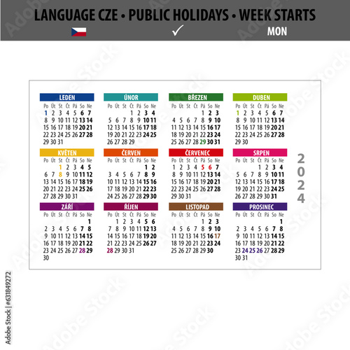 Czech Calendar 2024 with public holidays, week starts on Monday