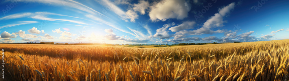 Scene of sunset or sunrise on the field with young rye or wheat in the summer with a cloudy sky background. Landscape. Created with Generative AI technology.