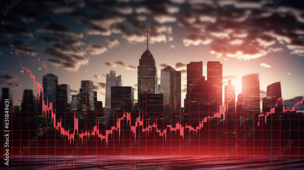 Abstract virtual financial graph hologram on sunset city background, forex and investment concept. Multiexposure. Created with Generative AI technology.