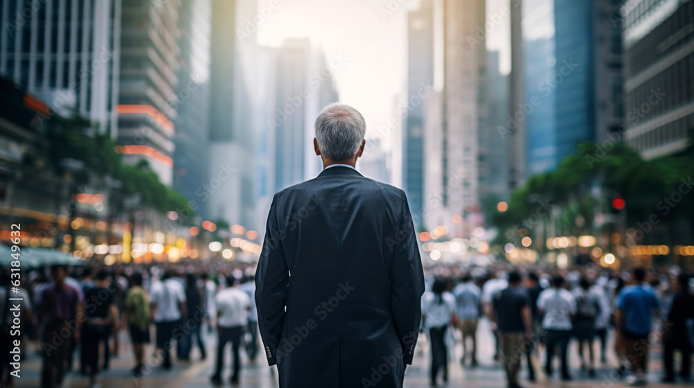 backside of middle age, senior asian man walking in the street business district background. backside of middle age, senior asian man walking in the street business district background.
