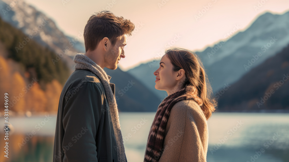 Young couple of tourists relaxing against the backdrop of mountains and lake. Created with Generative AI technology.