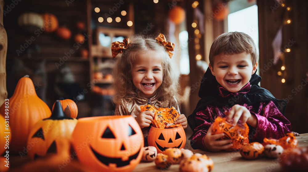 Fototapeta premium Children exchanging Halloween candy with big smiles on their faces, with the child on the right side, child with Halloween candy, Halloween banner, Generative AI