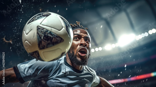Soccer player during the game against the backdrop of the stadium. Created with Generative AI technology.
