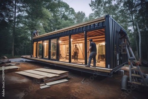 professional workers transform Shipping Container: Crafting a Stylish Tiny House Step by Step.