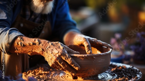 The old hands of person work potter making a clay pot