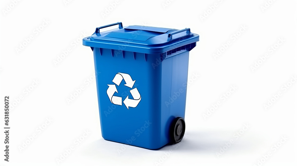 photograph of A Blue recycle bin with recycle symbol isolated on white background.generative ai photograph of A Blue recycle bin with recycle symbol isolated on white background.generative ai