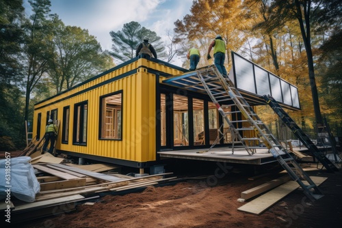 Shipping Container Makeover: workers on site Transforming into a Chic Tiny Home from Scratch.