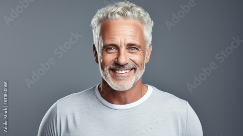 Handsome old man smiling on grey background. Created with Generative AI technology.