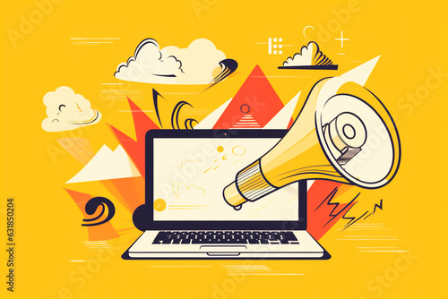 Cartoon illustration of Laptop with megaphone on screen, marketing concept, yellow background, Generative Ai