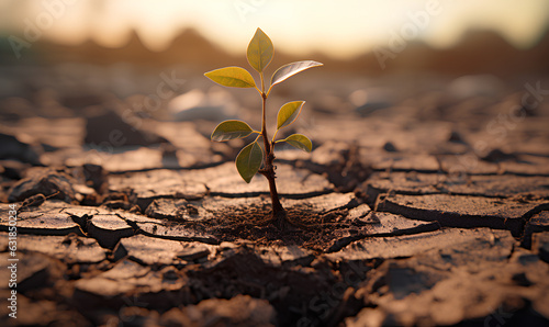 Small sapling among dry ground cracked ground affected by El Nino phenomenon - Generative AI