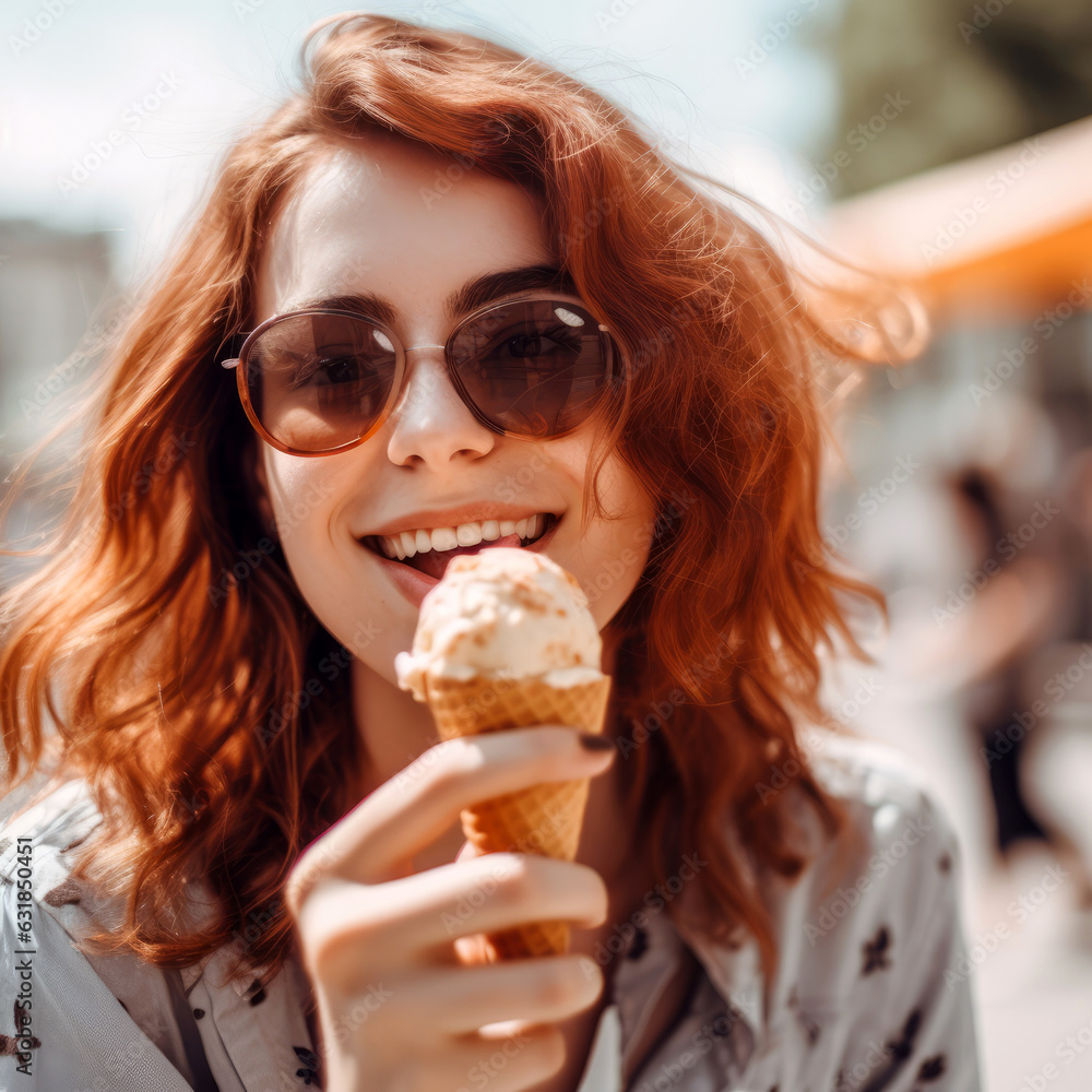Young, happy woman with red hair and sunglasses eating ice cream