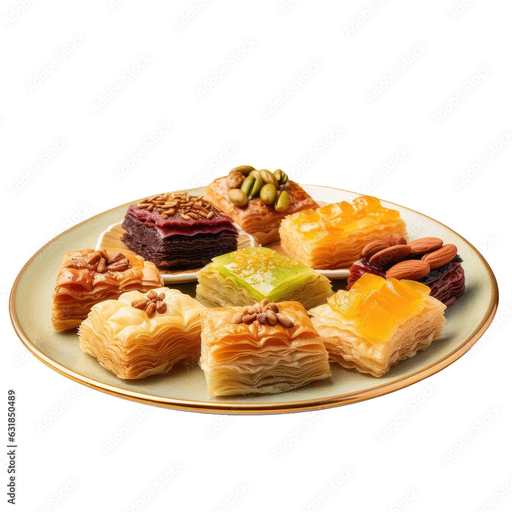 Variety of baklava desserts for Ramadan on yellow backdrop. Variety of baklava desserts for Ramadan on yellow backdrop.