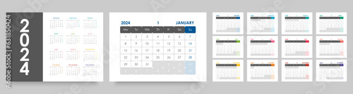 Calendar 2024 year. Desk or wall calendar template, landscape orientation, English language. The week starts on Monday.