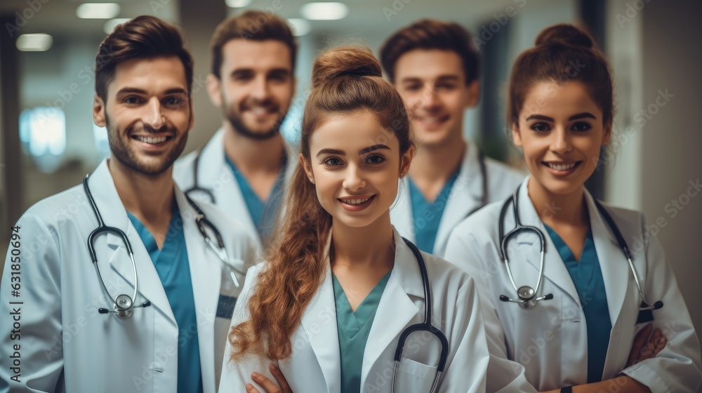 Group of doctors in uniforms standing in hospital, Medical workers smiling team. Group of doctors in uniforms standing in hospital, Medical workers smiling team.