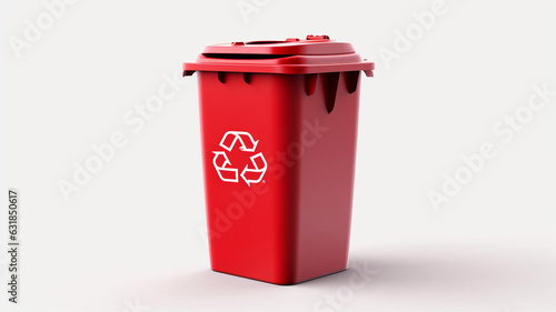 photograph of A Red recycle bin with recycle symbol isolated on white background telephoto lens realistic studio lighting generative ai © LomaPari2021