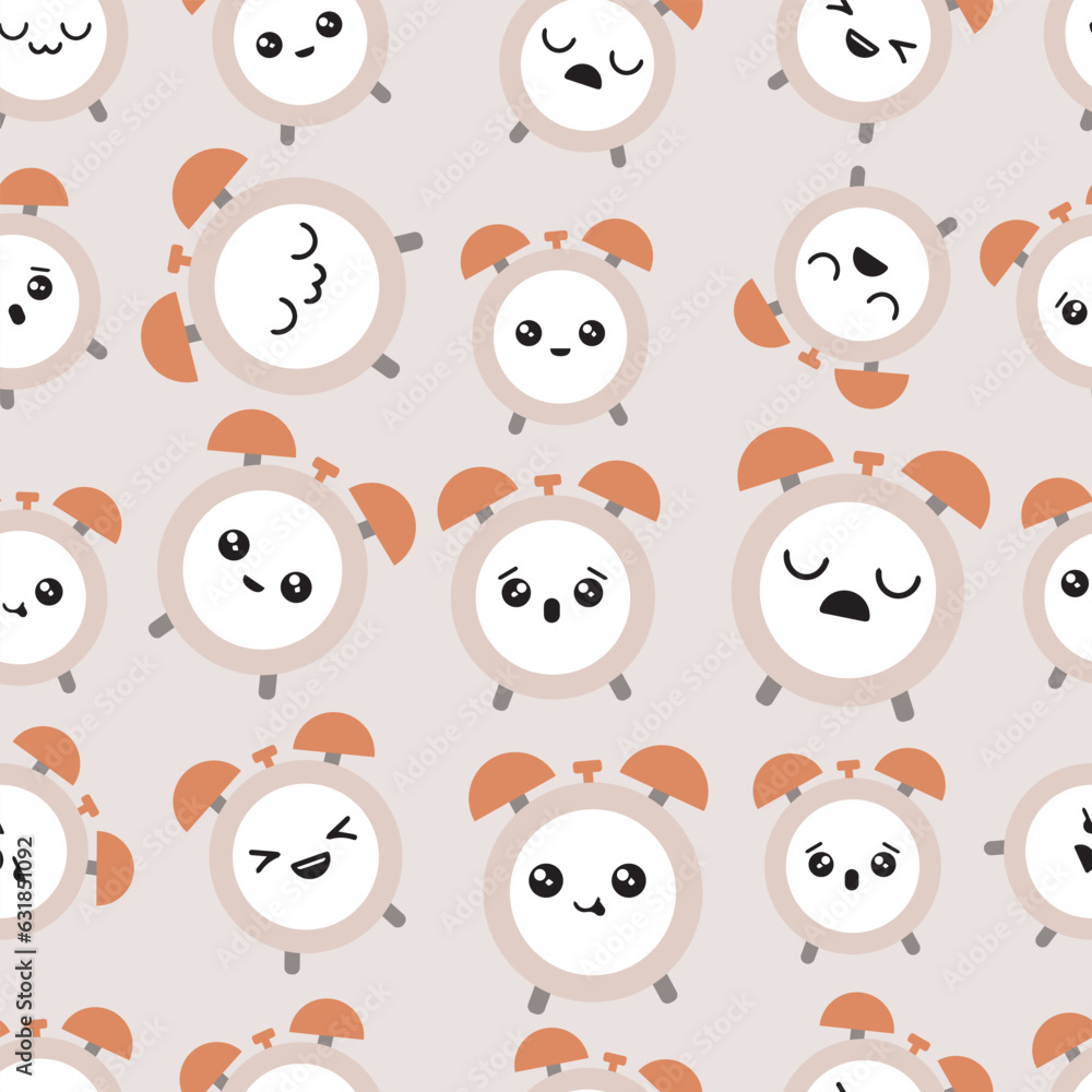 Super cute seamless pattern with happy Clocks illustration. Fun texture about Time with cartoon Alarm Clocks