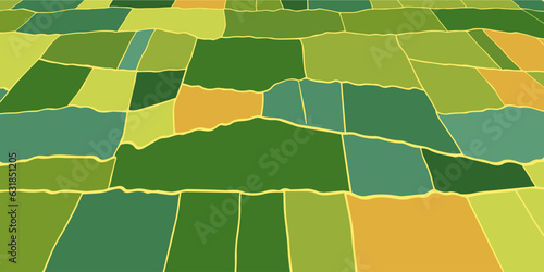 Bird eye perspective view on farm field with harvest. Abstract pattern of farmland with grass, barley, wheat, rye, corn and soy bean. Green, yellow agricultural plants. Flat bird eye landscape