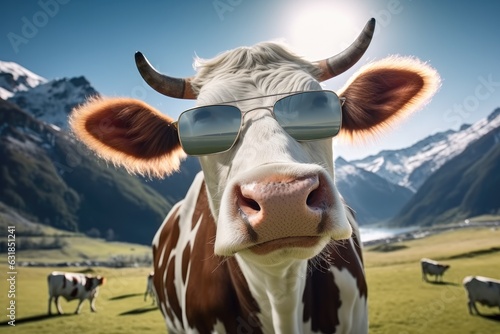 Happy cow wearing sunglasses on mountain.