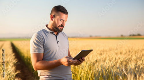 Man farmer standing the field of wheat and using tablet computer. Agricultural concept.