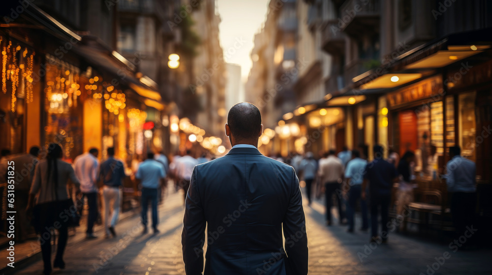 backside of Senior man walking in the street business district background. 