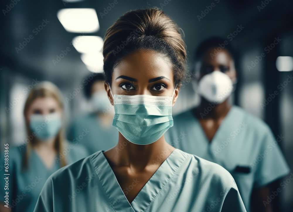 Medical workers in the hospital wearing face masks, Confident group nurse or doctor.