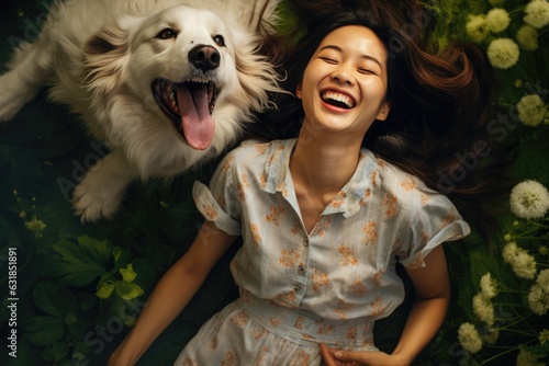 laughing woman and her dog lying on the drass together, top view, AI Generated photo