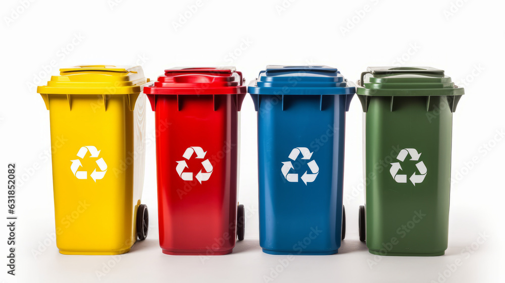 photograph of Yellow, Green, Blue and Red recycle bins with recycle ...