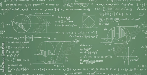 Mathematics vector seamless pattern with formulas written on a green board.
