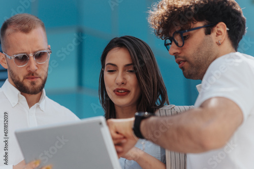 Freelance workers reading mail on tablet while standing in front of office glass building