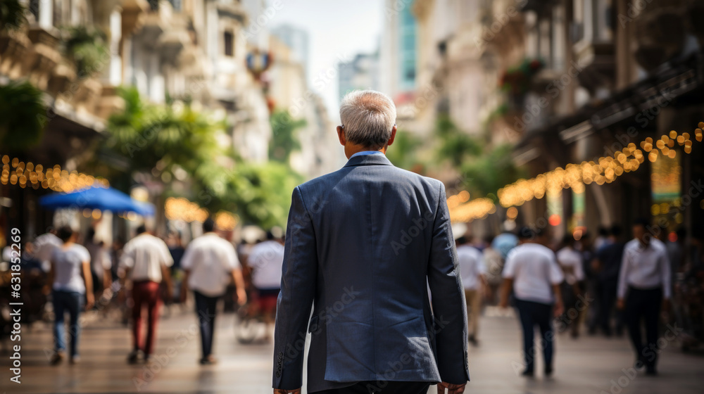 backside of middle age, senior asian man walking in the street business district background. 