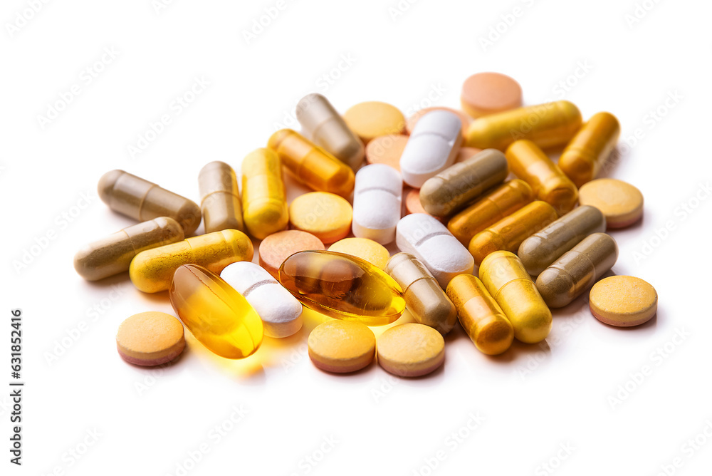 Multicolored pills and medical capsules. Isolate on white background Multicolored pills and medical capsules. Isolate on white background